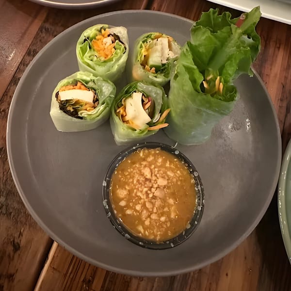 Five fresh spring rolls with tofu and vegetables, served with a side of peanut sauce on a gray plate.